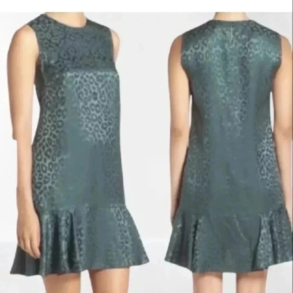 BCBG Max Azria Green Leopard Print Silk Blend Shift Dress Sleeveless Ruffle Hem